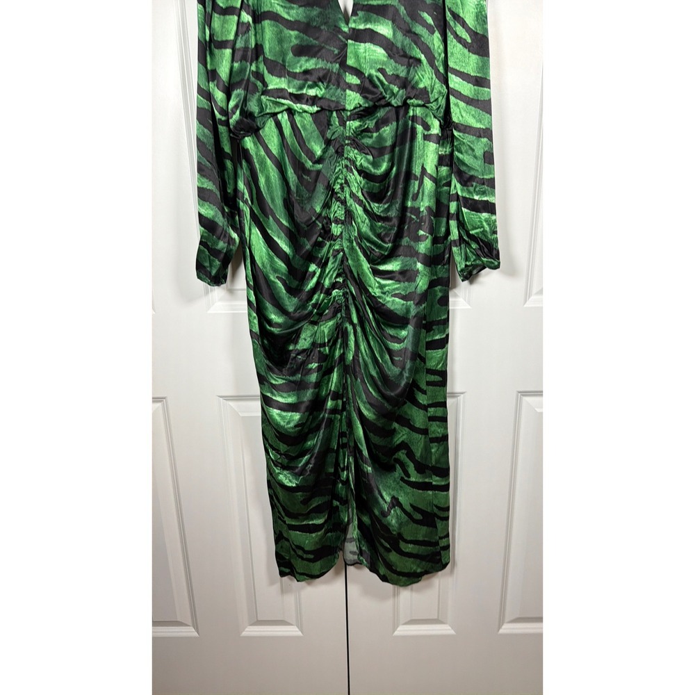 NWT Topshop Green Black Zebra Print Ruched V-Neck Midi Dress Long Sleeve sz12 - Picture 6 of 13